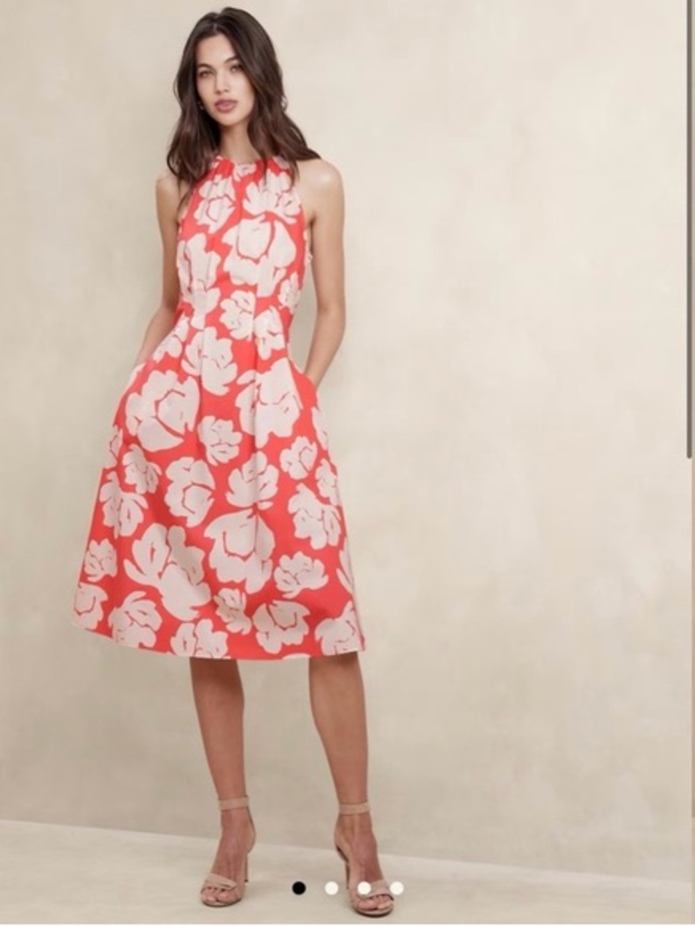 Banana Republic Coral and Cream Floral Halter Midi Dress with Pockets